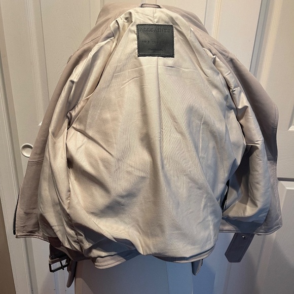 Allsaints Balfern Belted Zip Front Leather Biker Jacket sz 4, light gray - Picture 4 of 6